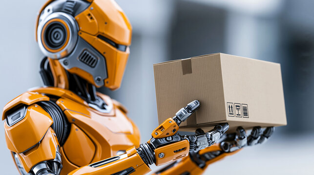 Orange armored AI robot holding cardboard box with detailed mechanical hands in close-up, industrial logistics automation concept, robotics photography, blurred neutral