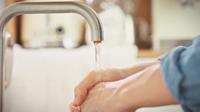 On a bright sunny day in a home kitchen, a man in a shirt slowly washes his hands under running water. The concept is about cleanliness and preparing hands for food preparation