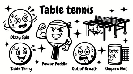 Table tennis ball vector collection isolated for racket sports, indoor games, tournaments, and athletic activities. Black and white sketch style featuring ping pong © Ethan