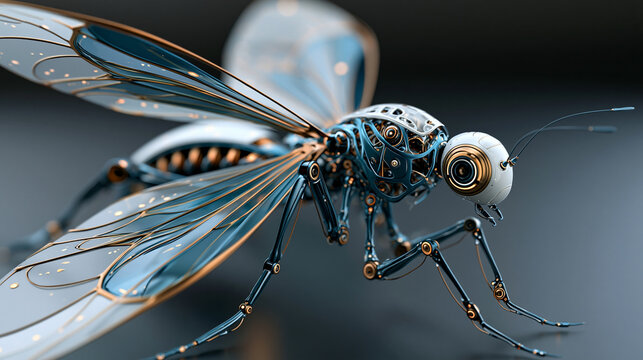 Extreme close-up macro view of detailed mechanical insect robot with intricate exoskeleton and wings, biomimetic robotics concept, technology photography, blurred dark background,
