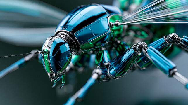 Macro close-up of futuristic mechanical insect robot with shiny metallic blue and green reflective armor parts, biomimetic robotics concept, technology photography, blurred dark