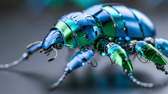 Macro close-up of futuristic mechanical insect robot with shiny metallic blue and green reflective armor parts, biomimetic robotics concept, technology photography, blurred dark