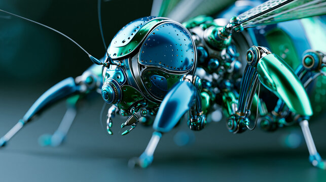 Macro close-up of futuristic mechanical insect robot with shiny metallic blue and green reflective armor parts, biomimetic robotics concept, technology photography, blurred dark