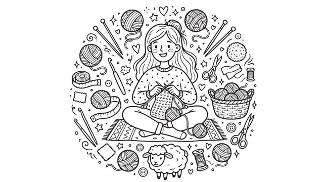 Colorful illustration, girl knitting, kids hobby, craft vector, sewing icons