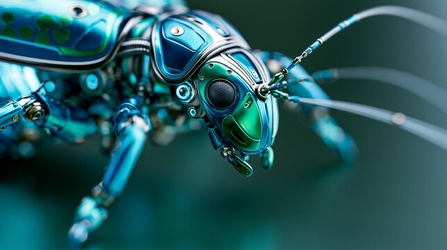 Macro close-up of futuristic mechanical insect robot with shiny metallic blue and green reflective armor parts, biomimetic robotics concept, technology photography, blurred dark