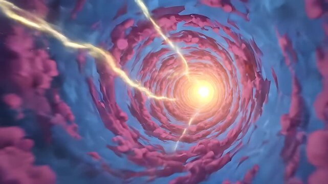 Anime style space tunnel with pink clouds and yellow lightning leading to a bright glowing core