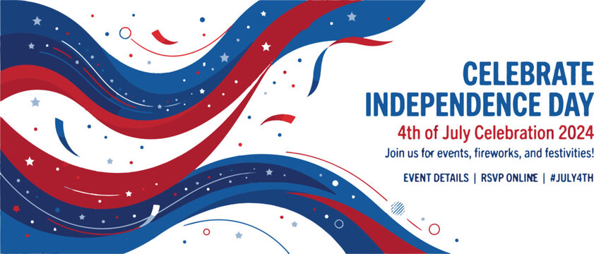 American Independence Day event header background with red and blue wavy lines
