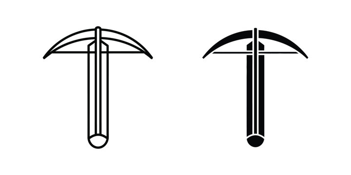 Set of minimalist crossbow icons in outline and solid black styles for medieval weaponry design