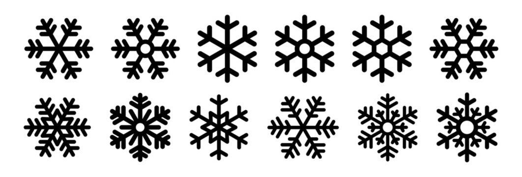 Snowflake icon set. Snow sign. Snowflake winter symbol. Snowflakes black icons. Christmas background. Winter icon. Snowflake flat collection. Frozen food product label packaging. Vector Illustration.