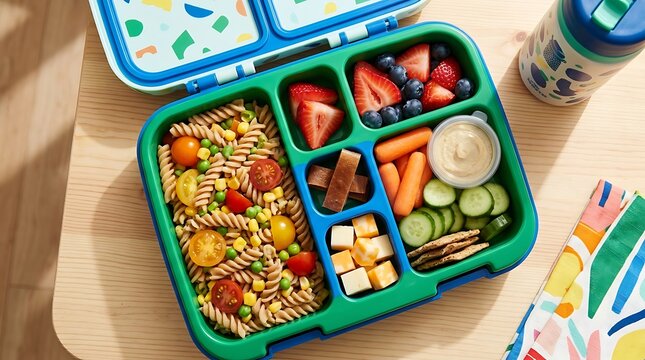 Bento box lunch container with pasta, fruit, vegetables, and snacks