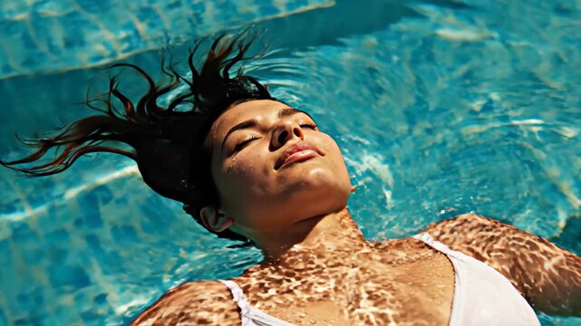 Woman floating on back in swimming pool. Girl relaxing in blue water with eyes closed. Leisure activity in summer resort, health and wellness holiday concept