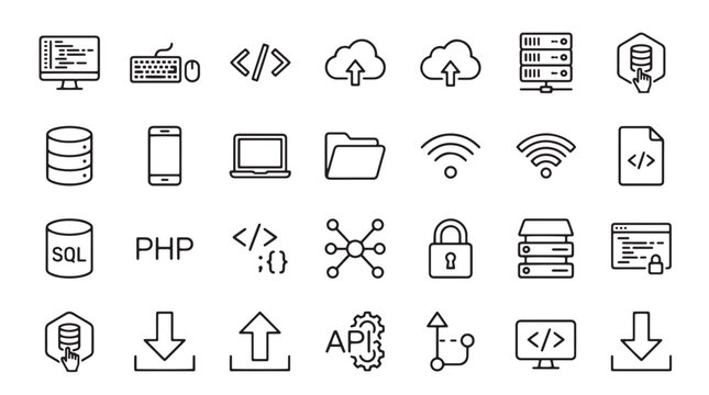 Web development, coding, and technology icons, 25 symbol set