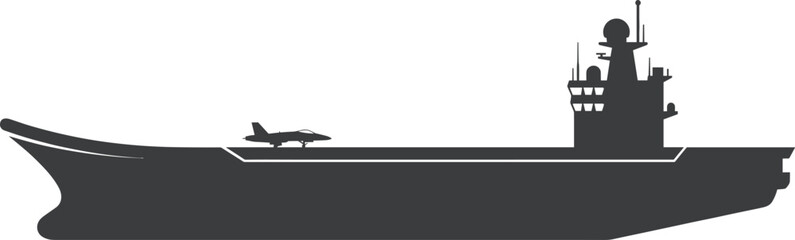 Aircraft carrier silhouette with fighter jet, military warship illustration, naval navy defense vessel, ocean maritime combat transport icon © MstSumi