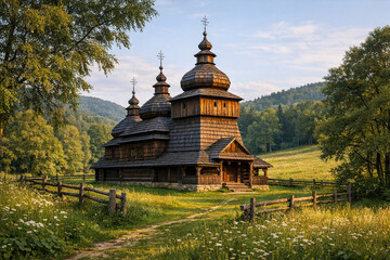 Traditional Wooden Church in Bieszczady Mountains. Polish Bieszczady landscape. Polish wooden cerkiew. © Katarzyna