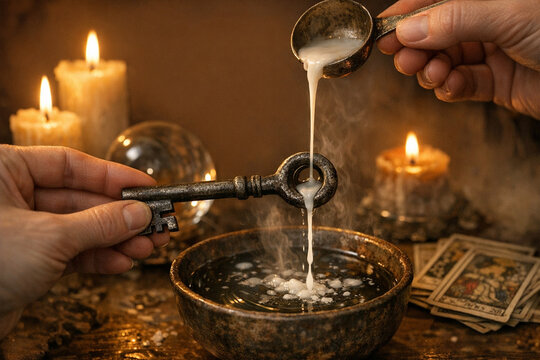 Andrzejki. Polish St. Andrew's Day. Pouring liquid wax through a key. Traditional Polish St. Andrew's Day fortune telling