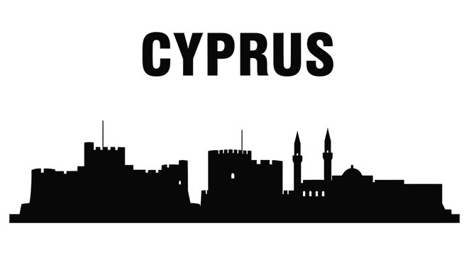City skyline silhouette at dusk with mosque and buildings in Cyprus