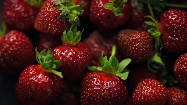 Strawberries with bright red skins and green leaves rest on a wooden table, a close-up top view reveals the detailed texture of the fruit and berry surface, captured for a fresh produce showcase, idea