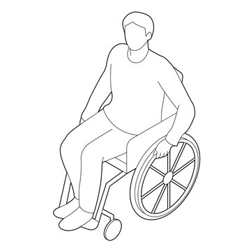 Person with disabilities in wheelchair isometric for universal design concept. minimalist outline plan drawings for architectural style. black continuous line art axonometric illustration.