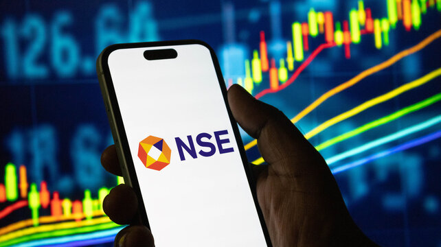 Nse national stock exchange of india logo on smartphone screen with financial backgrounding.