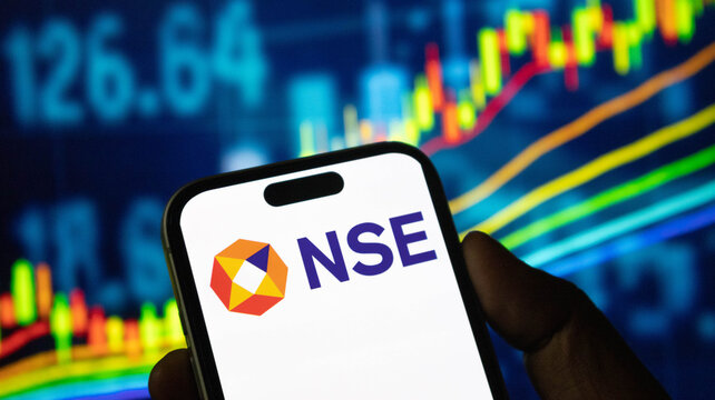 National stock exchange (NSE) logo on smartphone screen with financial graphs in background.