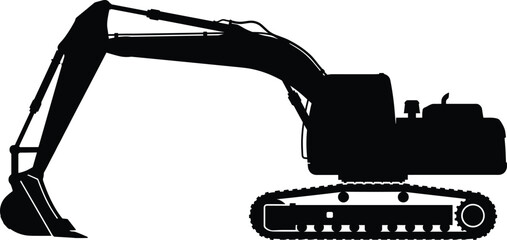 Excavator silhouette side view, heavy construction machinery digger vehicle, building development equipment isolated on white background © MstSumi