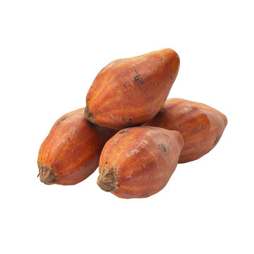 Stacked ripe orange babaco fruits with textured skin and dried stem ends isolated on white background