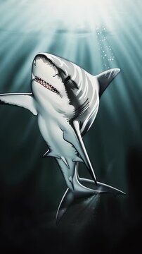Shark swims through clear water with light beams shining down from the surface
