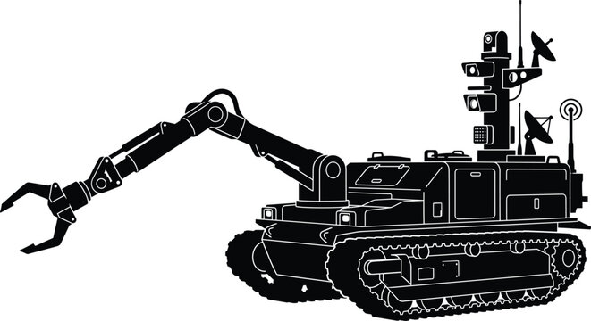 Military bomb disposal robot silhouette, remote controlled unmanned ground vehicle with robotic manipulator arm, isolated on white background