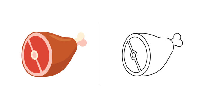 Pork ham leg cut on the bone showing its inner meat cross section, presented in color and black and white outlines.