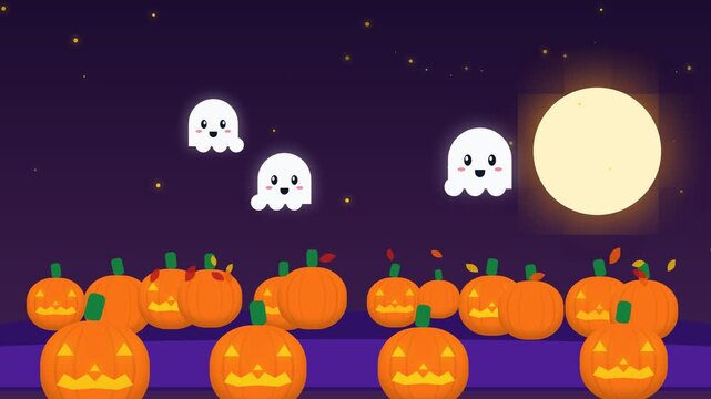 Animated Halloween Scene Featuring Cute Ghosts and Glowing Jack O Lanterns Under a Full Moon.