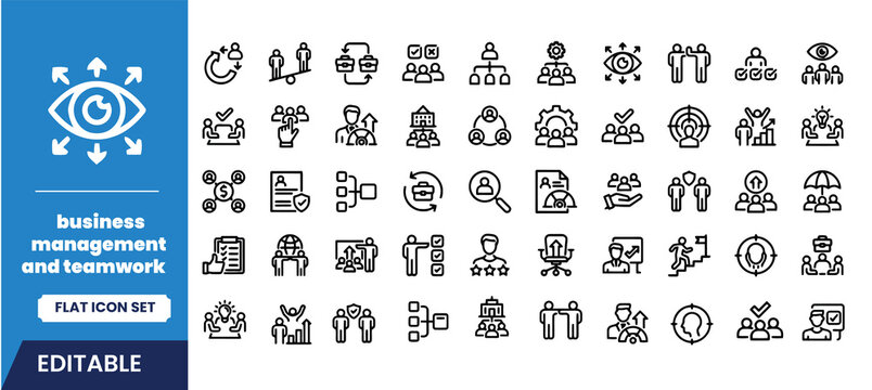 Business management and teamwork flat icon set