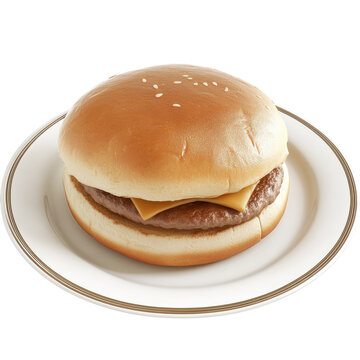 Classic cheeseburger with sesame seed bun and melted cheese on a white plate isolated on white background