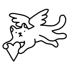 Naklejka premium Edgy minimalist flying cupid cat holding heart line art