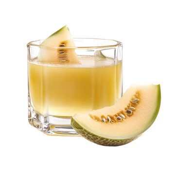 Refreshing cantaloupe juice with melon slice garnish in a glass isolated on white background