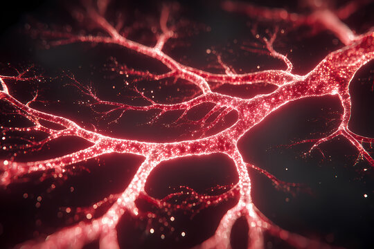 Abstract 3D illustration of glowing red blood vessels and neuron network