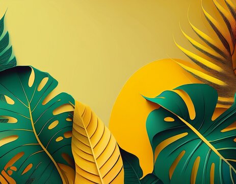 abstract monstera leaves border organic shapes yellow green minimalist design