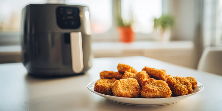 Crispy golden chicken nuggets on a white plate beside an air fryer. Studio photography with natural lighting. Suitable for food blogs, culinary articles, and kitchen appliance promotions.
