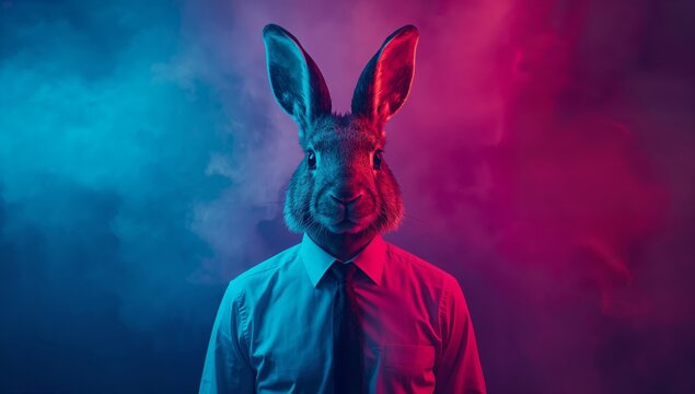 Rabbit-headed man in formal attire stands against a vibrant blue and pink smoke background, creating a surreal and imaginative visual effect