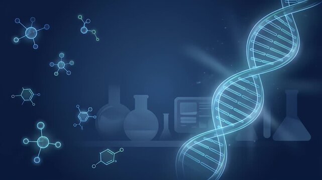 Modern illustration of DNA strand with molecular and laboratory elements.