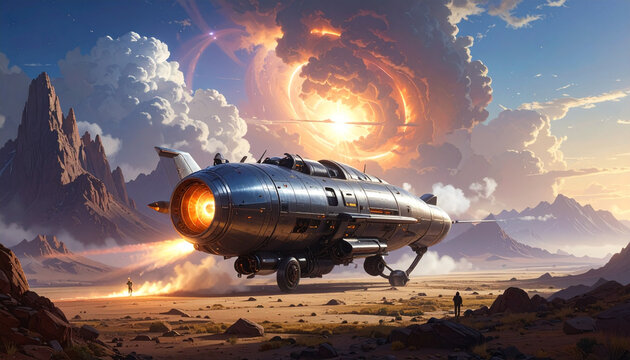 A futuristic aerospace vehicle blasts off into a vibrant, swirling sky with glowing exhaust.