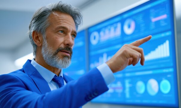 Business strategy presentation by general manager in corporate office with data visualization insights