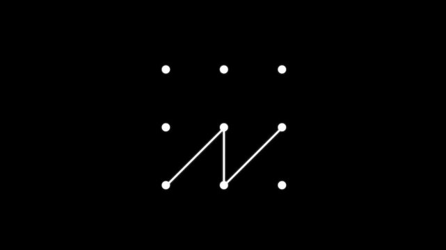 Security lock and unlock pattern icon animation on a black background.Lock to pattern icon showing a secure unlock motion animation.Draw pattern unlock animation with a satisfying snap.