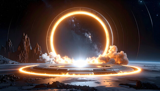 Futuristic launch scene with glowing exhaust flames and celestial ring in space.