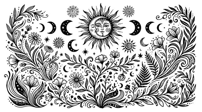 Bohemian Celestial Floral Border with Sun Moon Phases and Stars