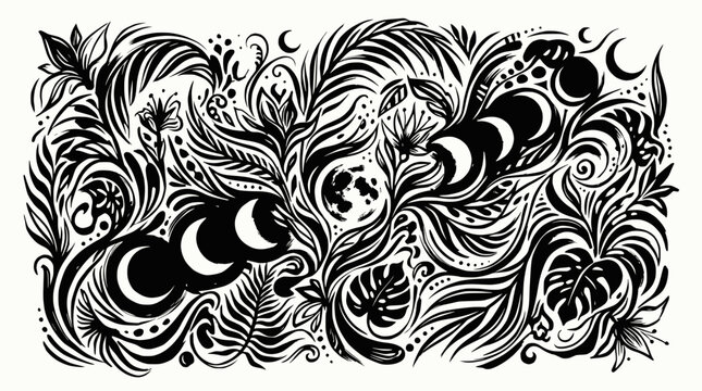 Mystical Lunar Phases Jungle Pattern with Tropical Leaves and Crescent Moons