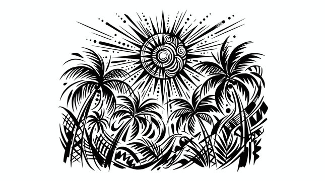 Tribal Sun and Palm Trees Silhouette - Tropical Island Art