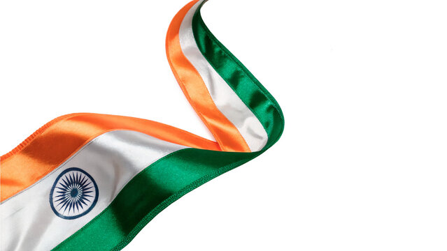 Vibrant flying ribbon banner with Indian national flag colors isolated on a transparent background