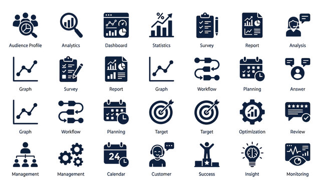 Icons depict data analysis trends.