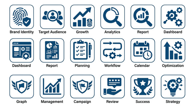 Icons represent business management.