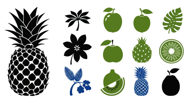 Tropical fruit and plant silhouettes including pineapple apple and kiwi